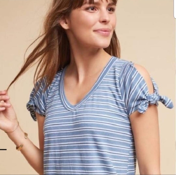 Anthro Left of Center tie sleeve blue tee - Picture 1 of 8